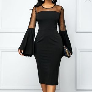 Black Flare Sleeve Mesh Panel Dress